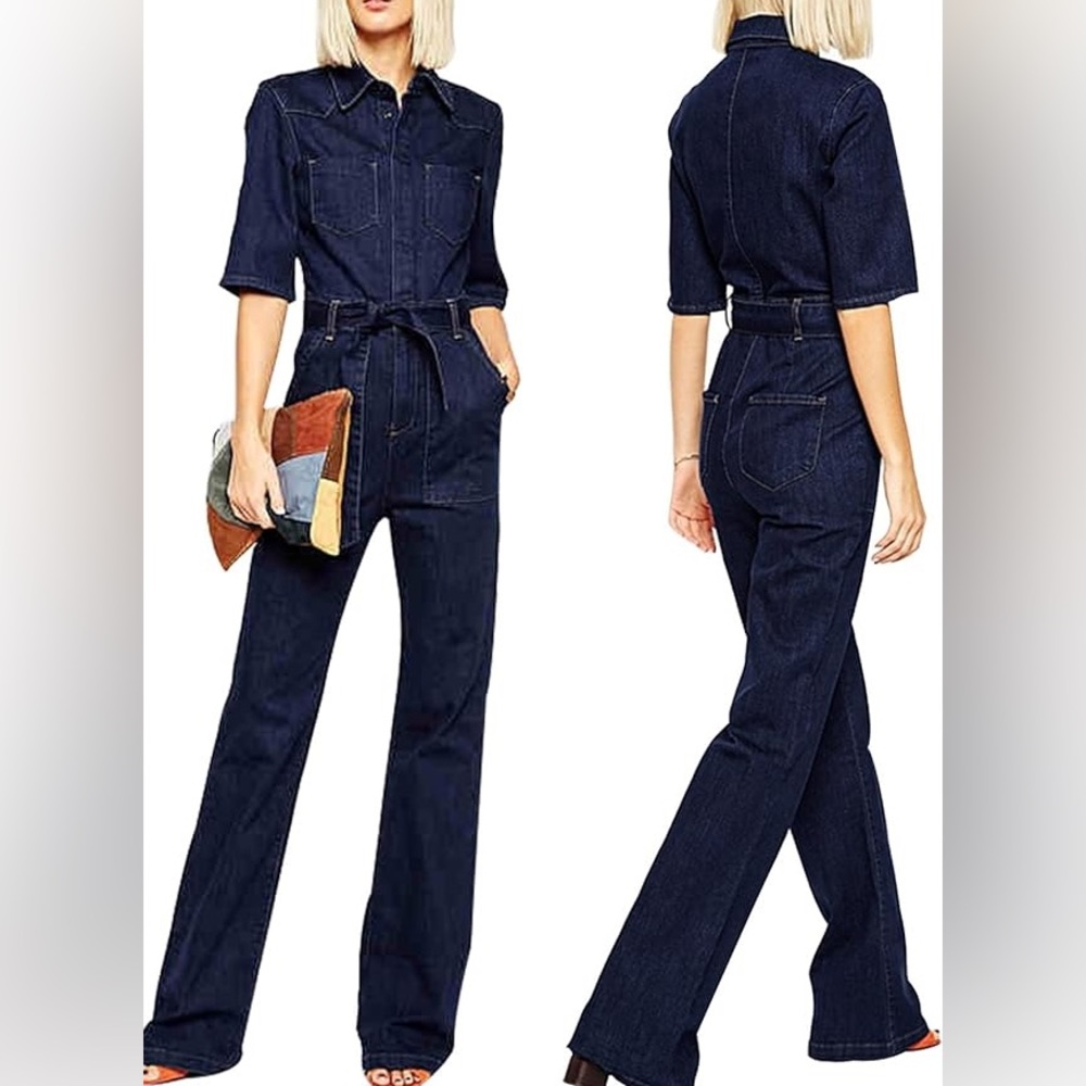 Dark blue denim jumpsuit with tie waist (also great for Rosie the Riveter!).